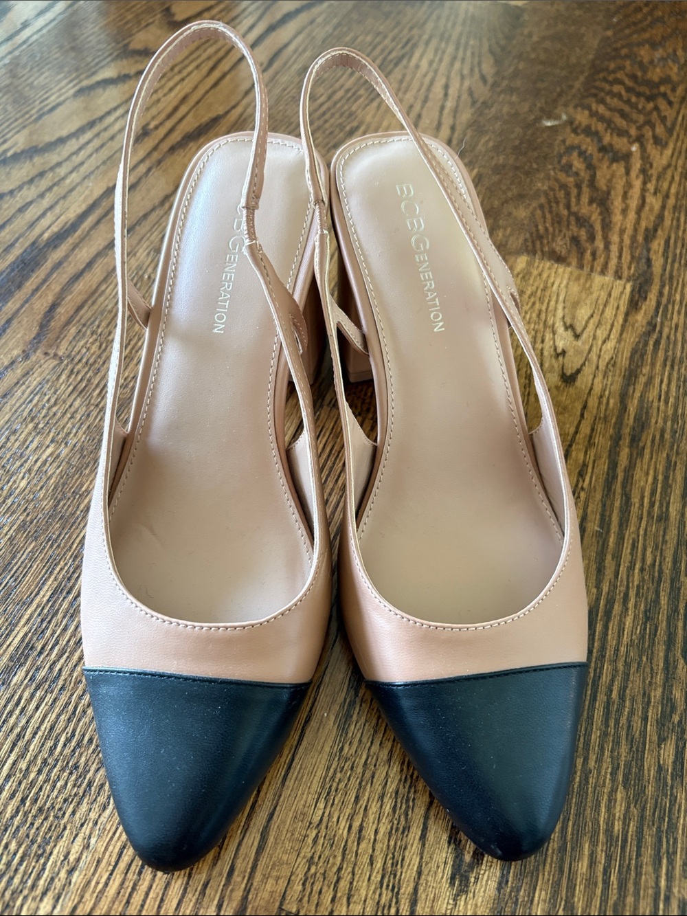 BCBGeneration Nude and Black Pointed Slingback Pumps